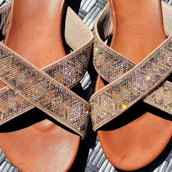Yellowbox Sandals Bali Womens 6.5 Flat Slides Metallic Rhinestone Bling Slip On - Picture 8 of 10